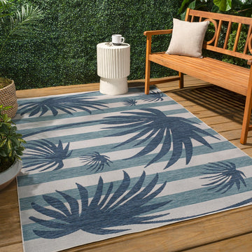 Veronica Classic Beach Stripe And Palm Leaf Indoor/Outdoor Area Rug